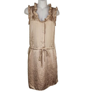 Ann Taylor LOFT Dress Size 0 Tan Ruffles Scoop Neck Pockets Tie Waist Sleeveless